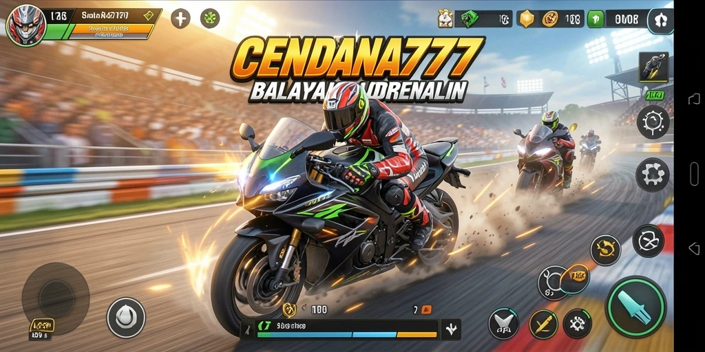 Tampilan gameplay CENDANA777 dengan aksi balapan motor yang seru.