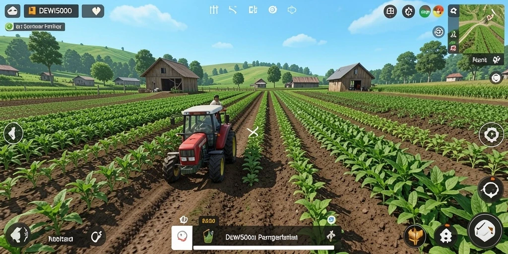 Tampilan gameplay DEWI5000 yang menampilkan aktivitas bertani.
