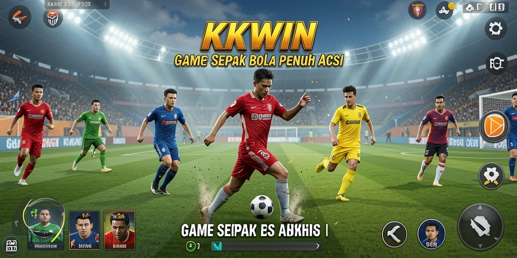 Screenshot permainan KKWIN menampilkan aksi sepak bola yang dinamis.