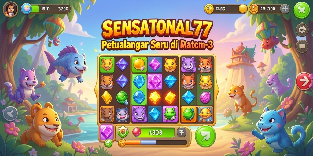 Screenshot gameplay SENSATIONAL77 menampilkan aksi mencocokkan permata yang menyenangkan.