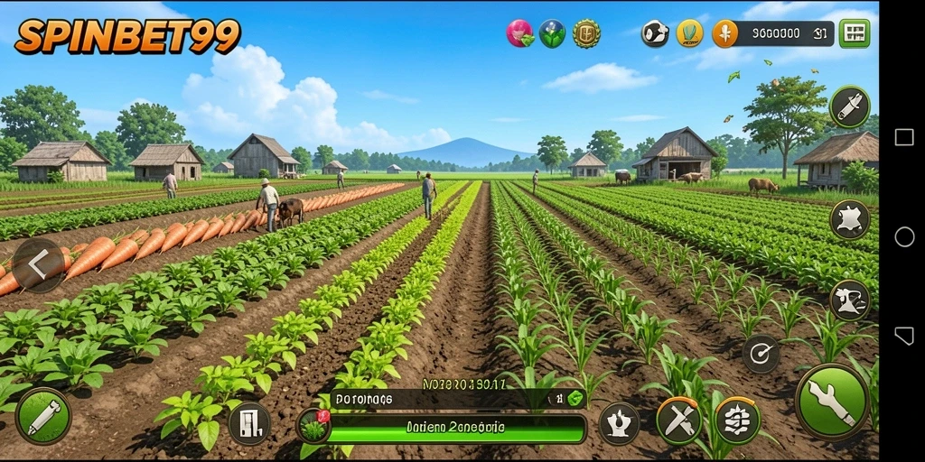 Tampilan gameplay <strong>SPINBET99</strong> yang menunjukkan aktivitas bertani yang seru.