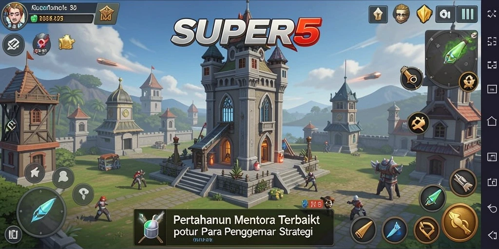 Tampilan gameplay SUPER5 yang menegangkan dalam pertahanan menara.